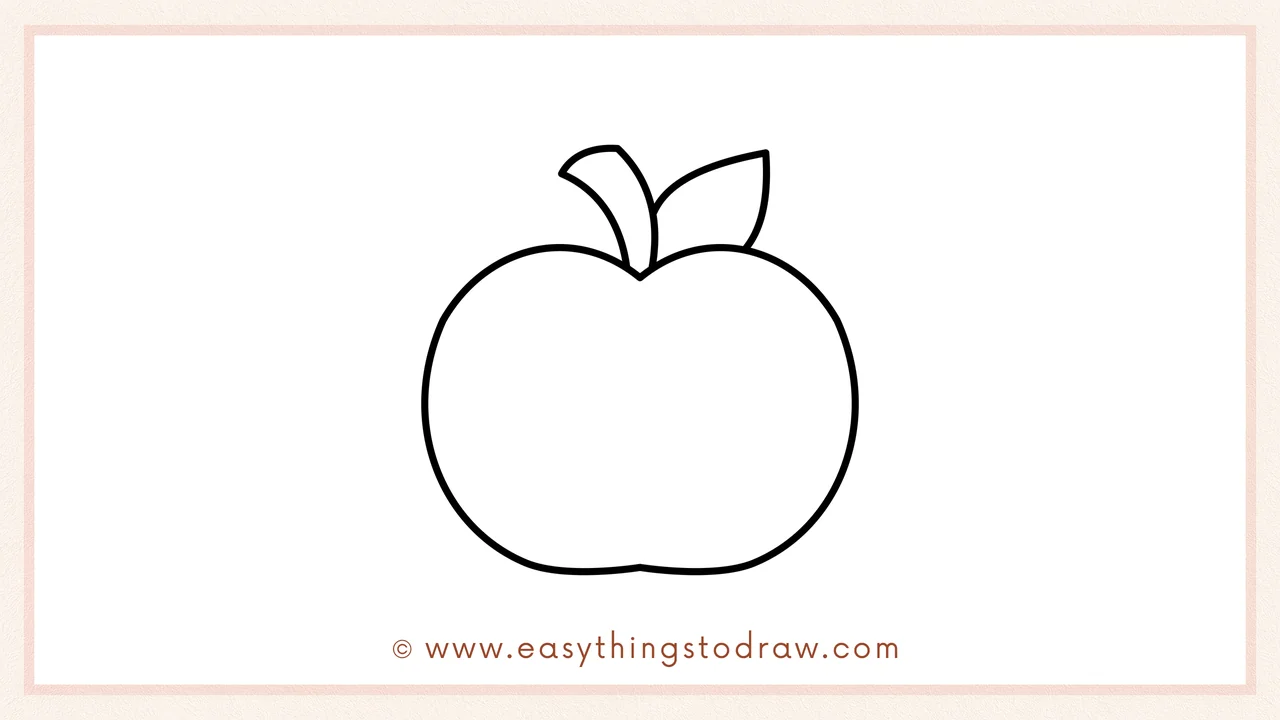 Step 4 of step-by-step apple sketch – Adding a wide, pointy leaf next to the apple's stem.