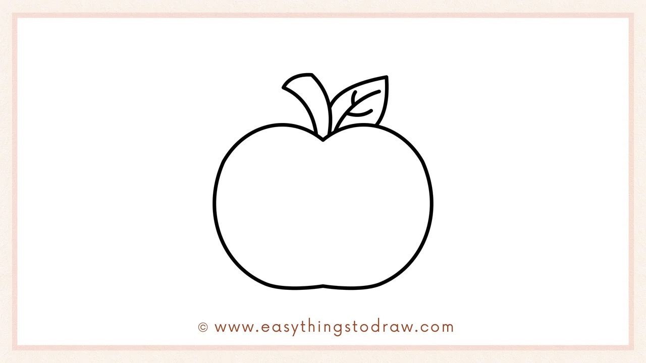 Step 5 of easy apple drawing steps – Drawing a central curved vein and smaller branching veins inside the leaf.