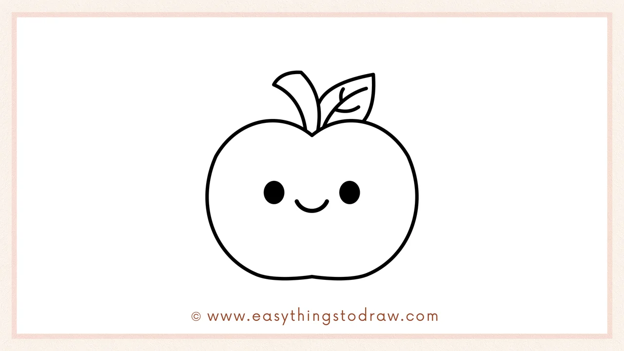 Step 6 of simple apple drawing tutorial – Adding two round eyes and a small smiling mouth to the apple's face.