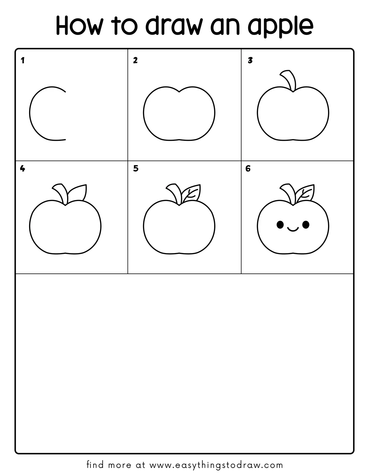 Step-by-step drawing tutorial showing how to draw a cute apple in 6 easy steps for kids and beginners.