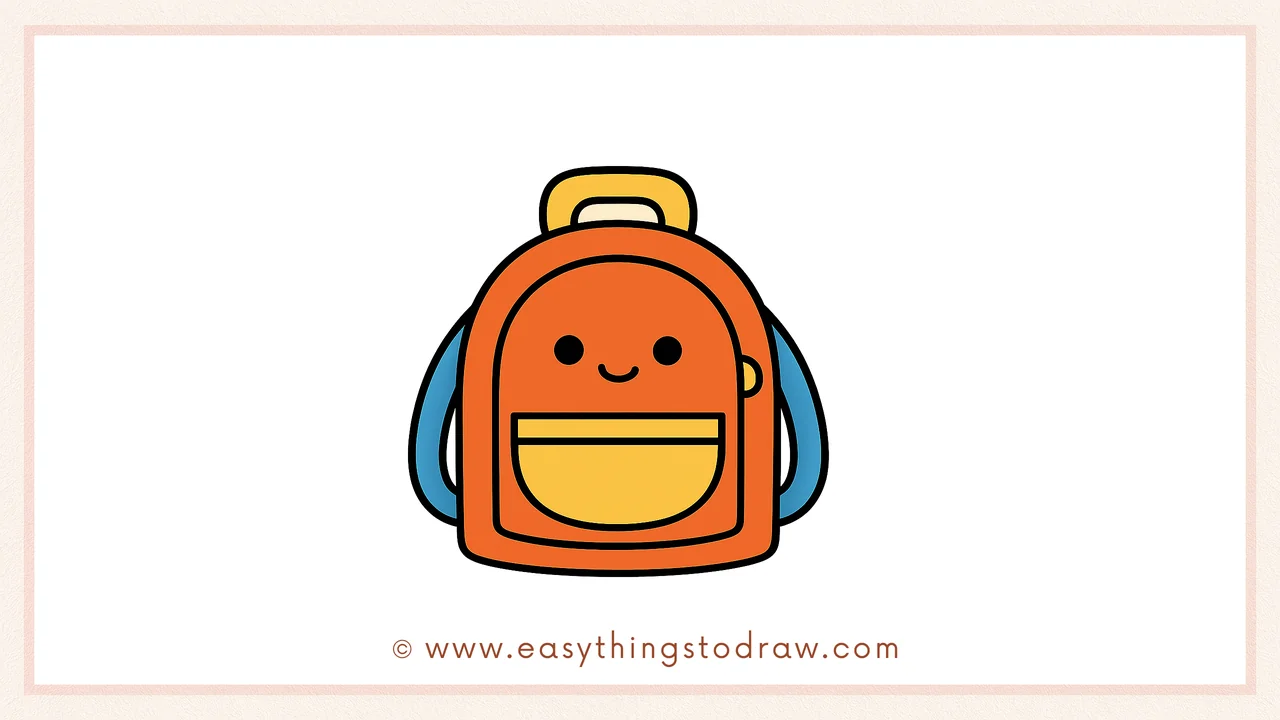 Final colored drawing of a cute kawaii backpack with a happy face, perfect for school-themed art projects by kids.