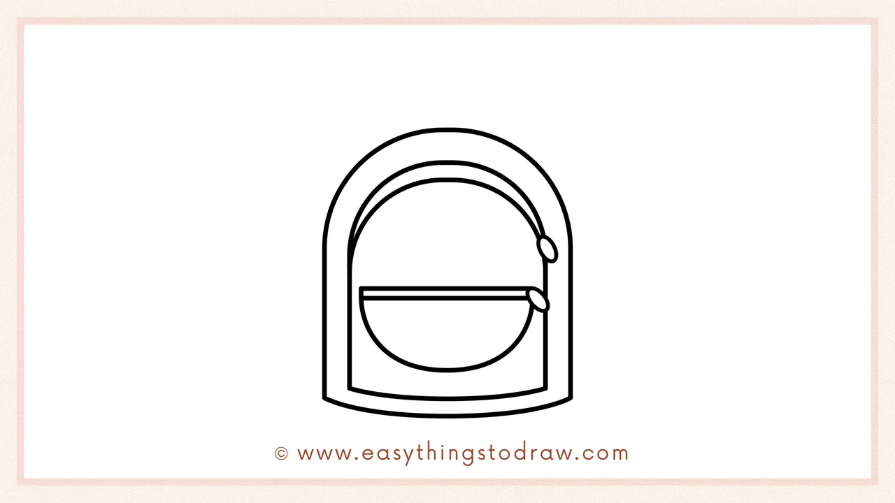 Step 3 of sketching a backpack for beginners – Drawing a semi-circle inside the frame for the pocket, closed with a line.