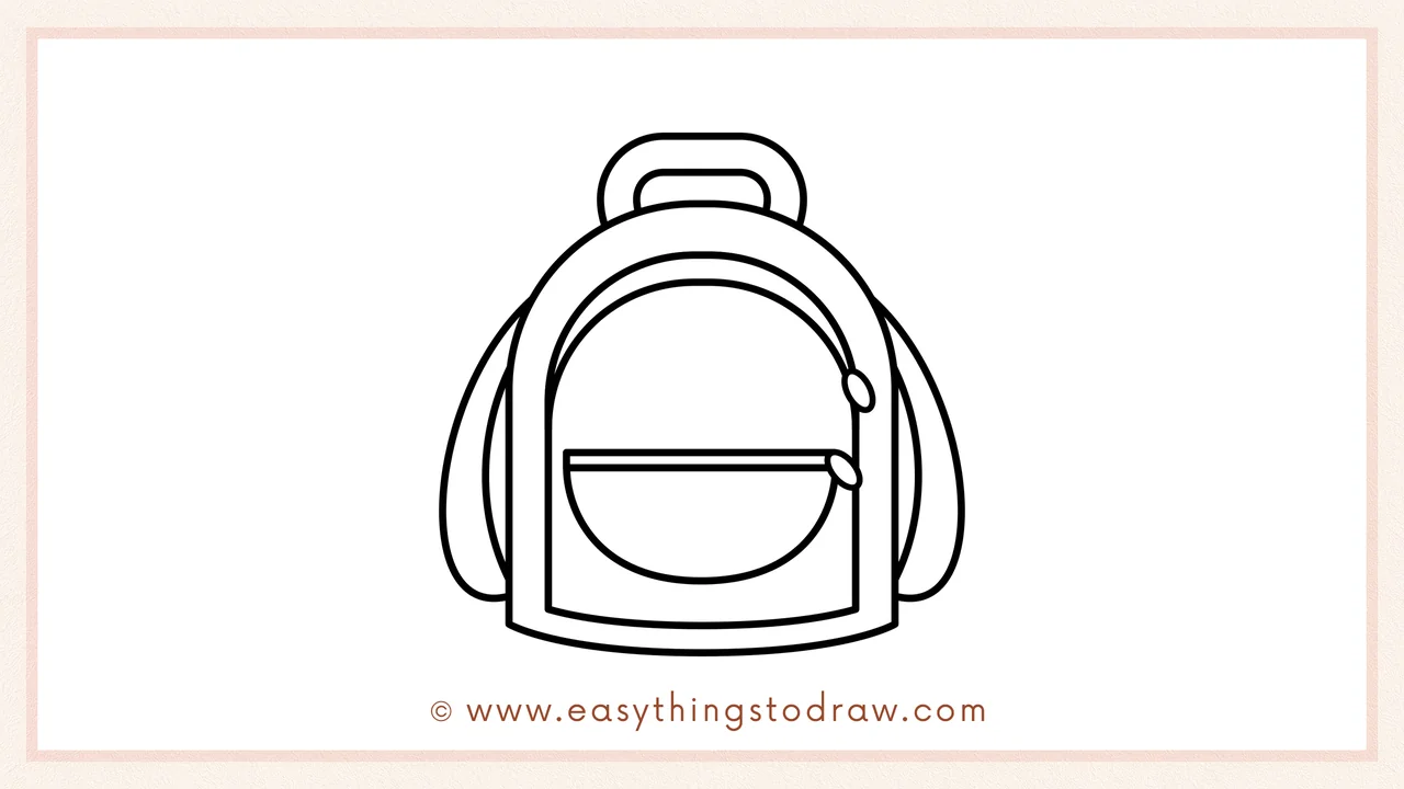 Step 5 of easy backpack drawing steps – Sketching two curved shoulder straps on each side, like floppy bunny ears.