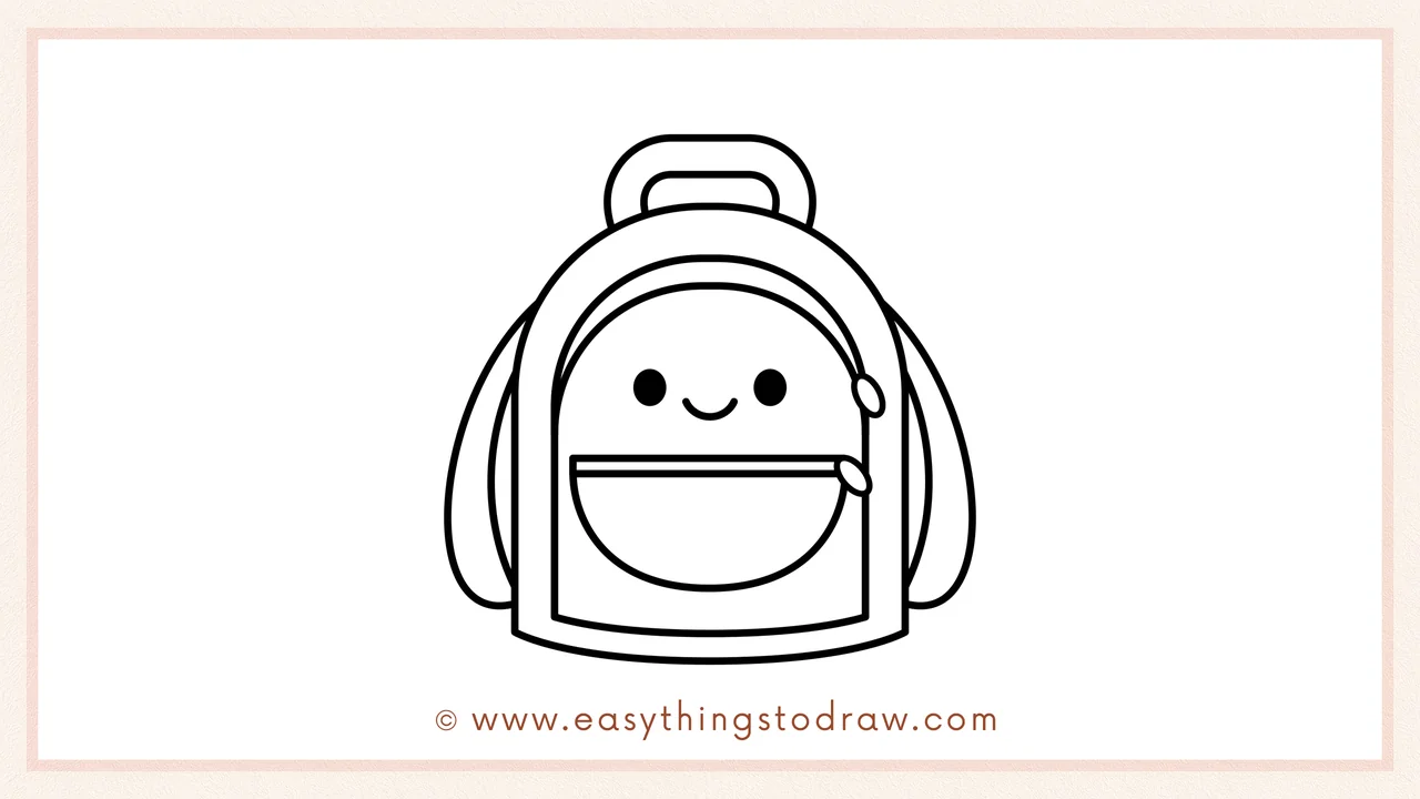 Step 6 of simple backpack drawing tutorial – Adding a cute face with two eyes and a smiling mouth on the front pocket.