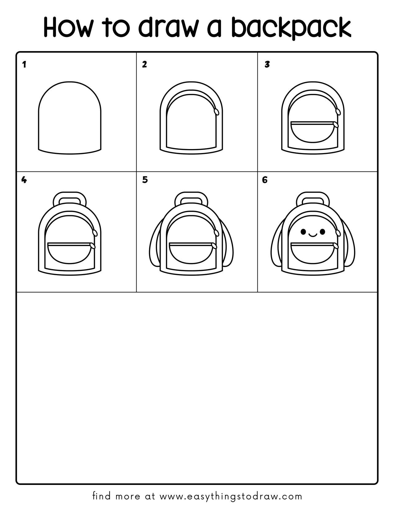 Step-by-step drawing tutorial showing 6 easy steps to draw a cute kawaii backpack for kids and beginners.