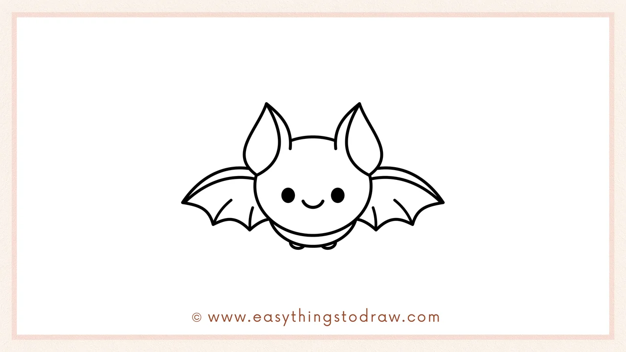 Step 6 of step-by-step bat sketch – Drawing two tiny oval feet and a curved belly line underneath the head.