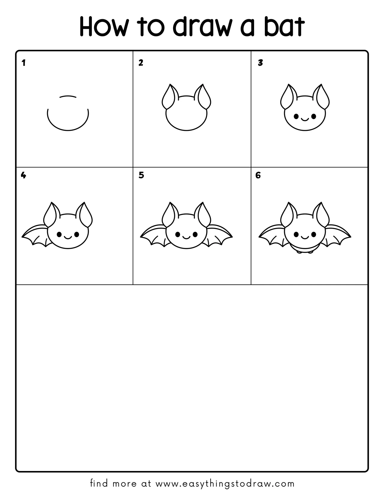 Step-by-step drawing tutorial showing 6 easy steps to draw a cute cartoon bat for kids and beginners.