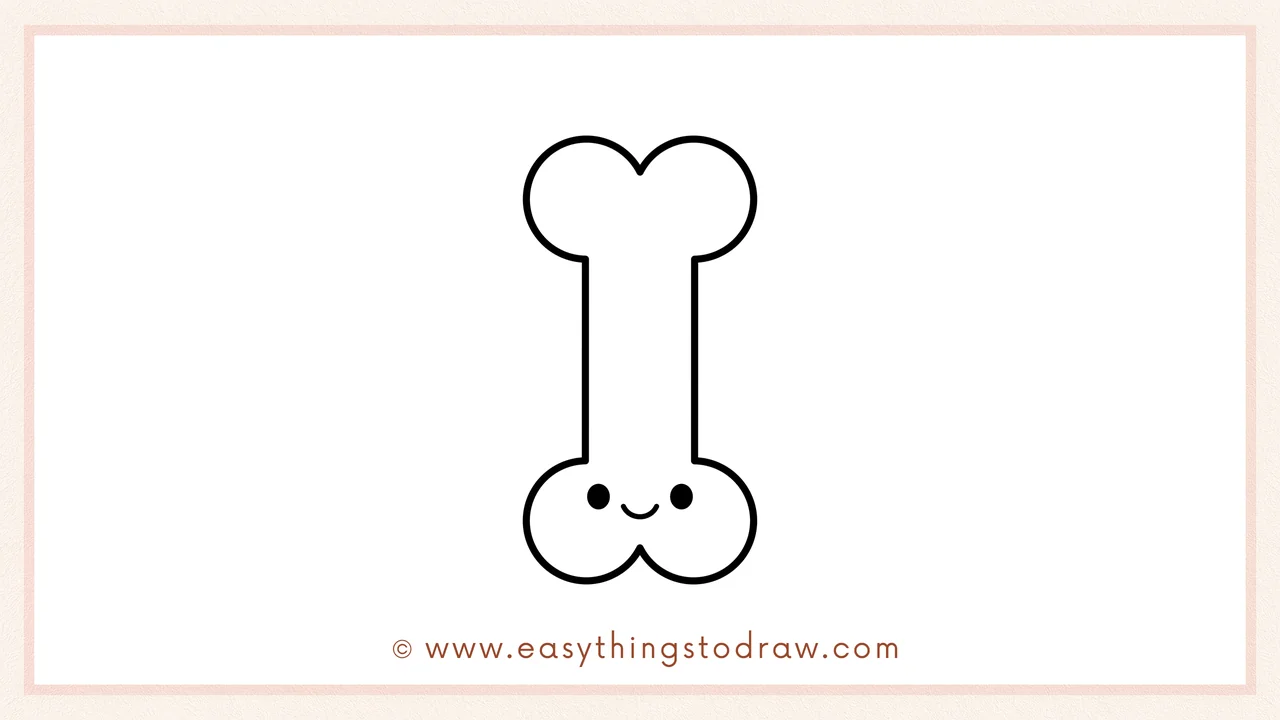 Step 6 of simple bone drawing tutorial – Add two small circle eyes and a tiny smiling mouth for a cute face.