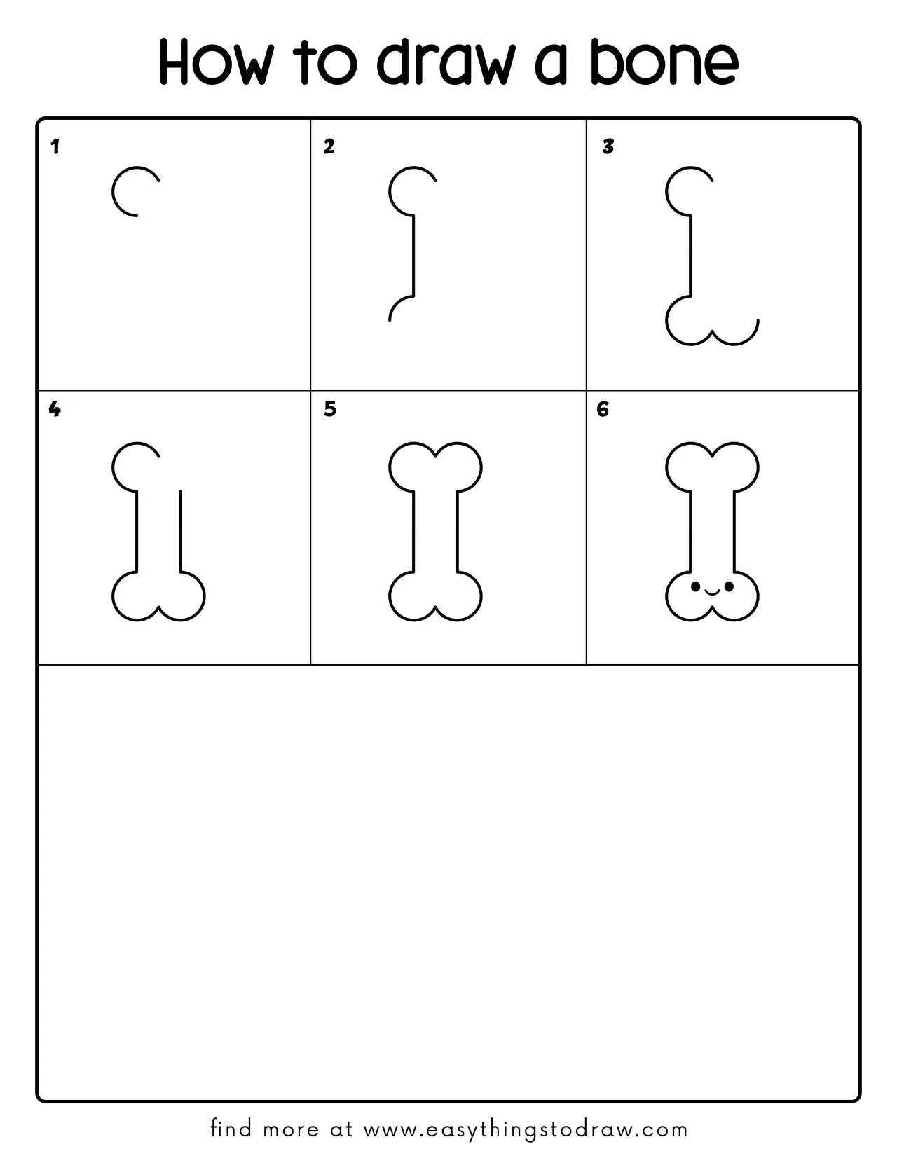 Step-by-step drawing tutorial showing how to draw a cute cartoon bone in 6 easy steps, perfect for kids and beginners.
