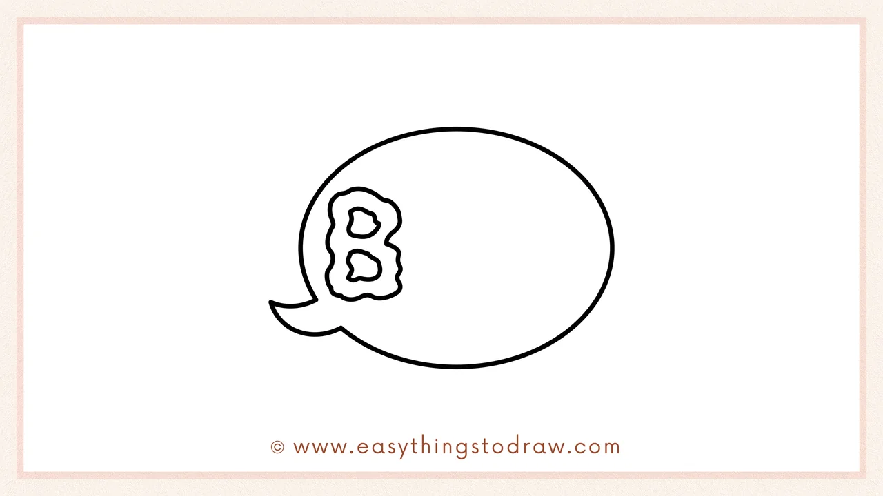 Step 3 of sketching a boo speech bubble for beginners – Drawing a wiggly capital 'B' inside the bubble near the left edge.