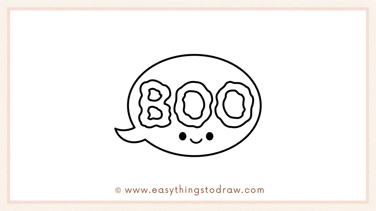 Step 6 of simple boo speech bubble drawing tutorial – Adding two dot eyes and a curved smile below the word 'BOO'.