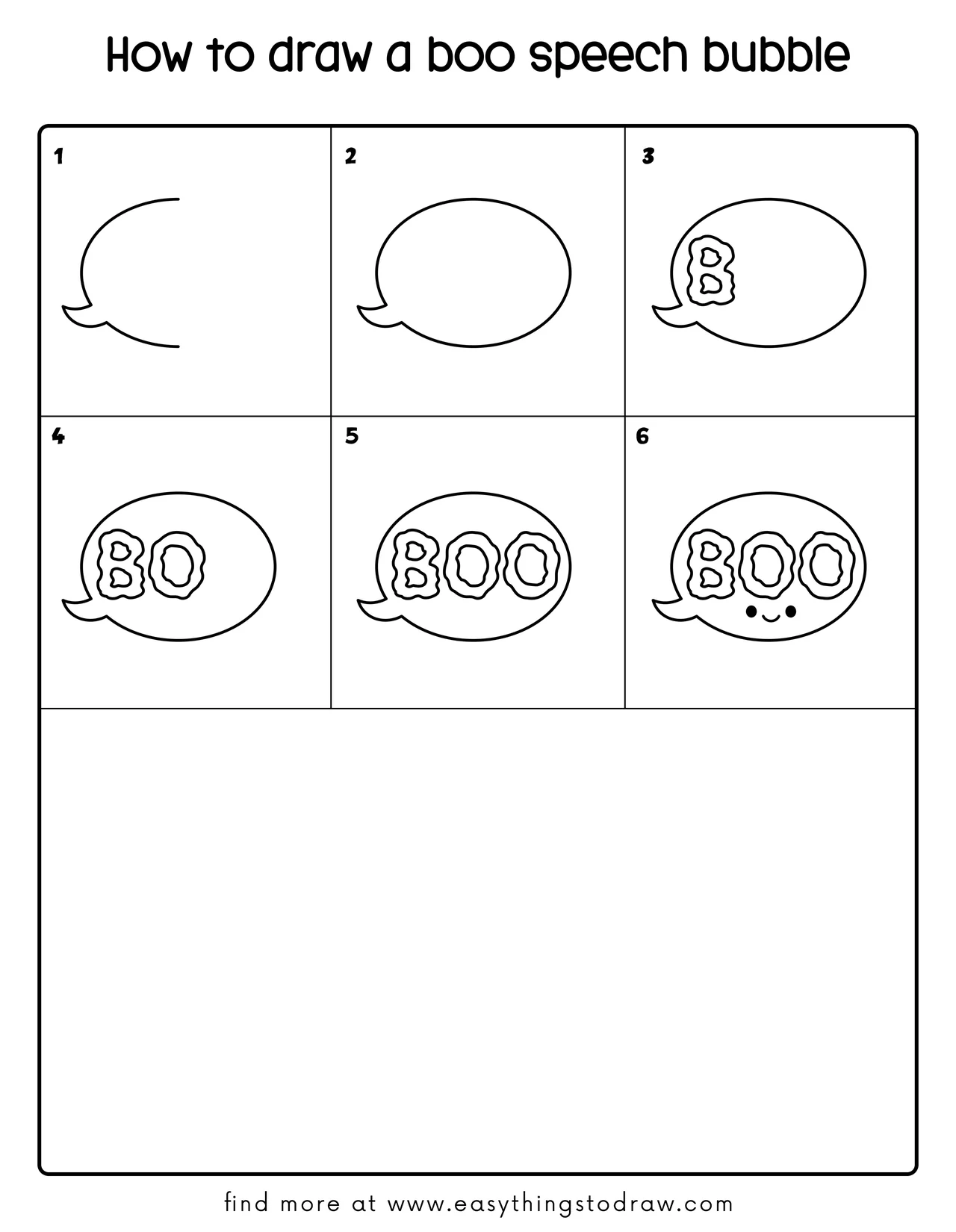 Step-by-step tutorial grid showing 6 easy steps to draw a cute 'BOO' speech bubble, perfect for kids and beginners.