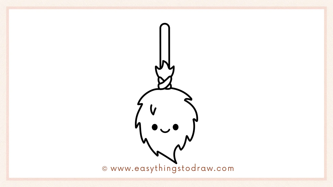 Step 6 of simple broom drawing tutorial – adding two dot eyes and a curved smile to the broom's bristles.