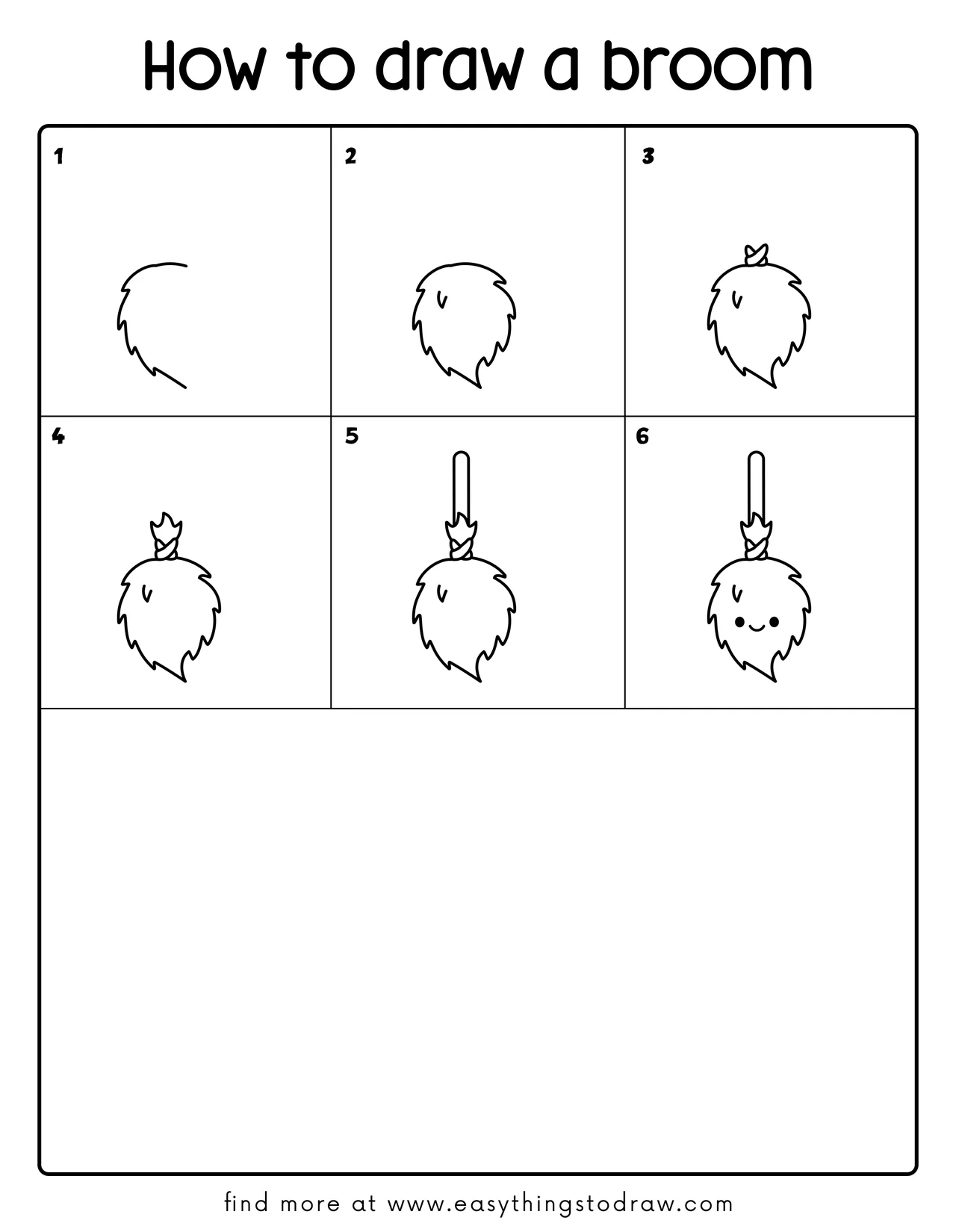 Step-by-step drawing tutorial showing 6 easy steps to draw a cute cartoon broom for kids and beginners.