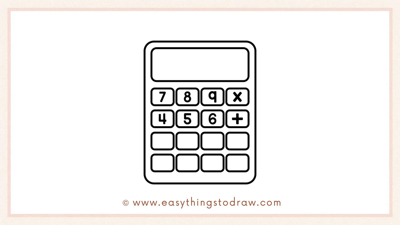 Step 4 of step-by-step calculator sketch – Adding numbers (0-9) and symbols (+, -, ×, =) inside the calculator buttons.