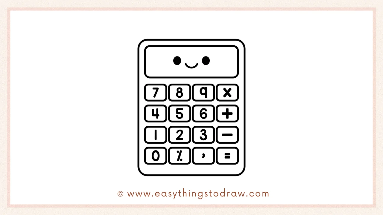Step 6 of simple calculator drawing tutorial – Adding cute eyes and a smile on the screen to give the calculator a happy face.