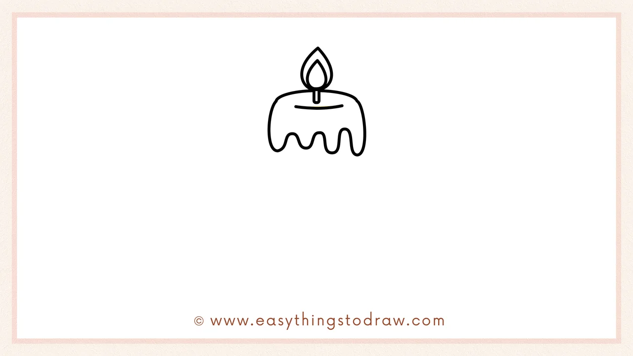 Step 2 of drawing a candle – Adding a vertical wick in the melted dip and sketching a teardrop-shaped flame on top.