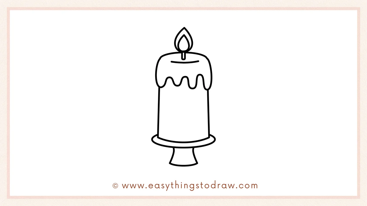 Step 4 of step-by-step candle sketch – Drawing a flat oval below the candle and a curved support to create the candle's base.