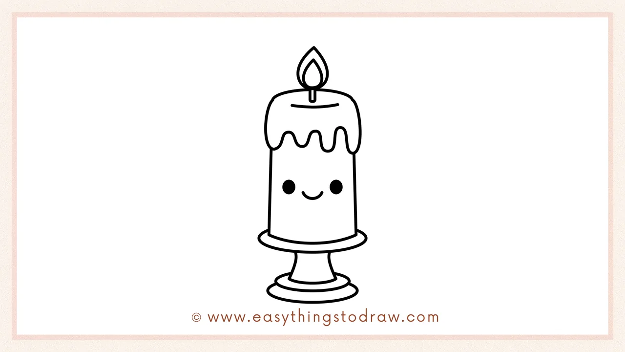 Step 6 of simple candle drawing tutorial – Drawing two dot eyes and a little smiling mouth on the candle body for a cute expression.