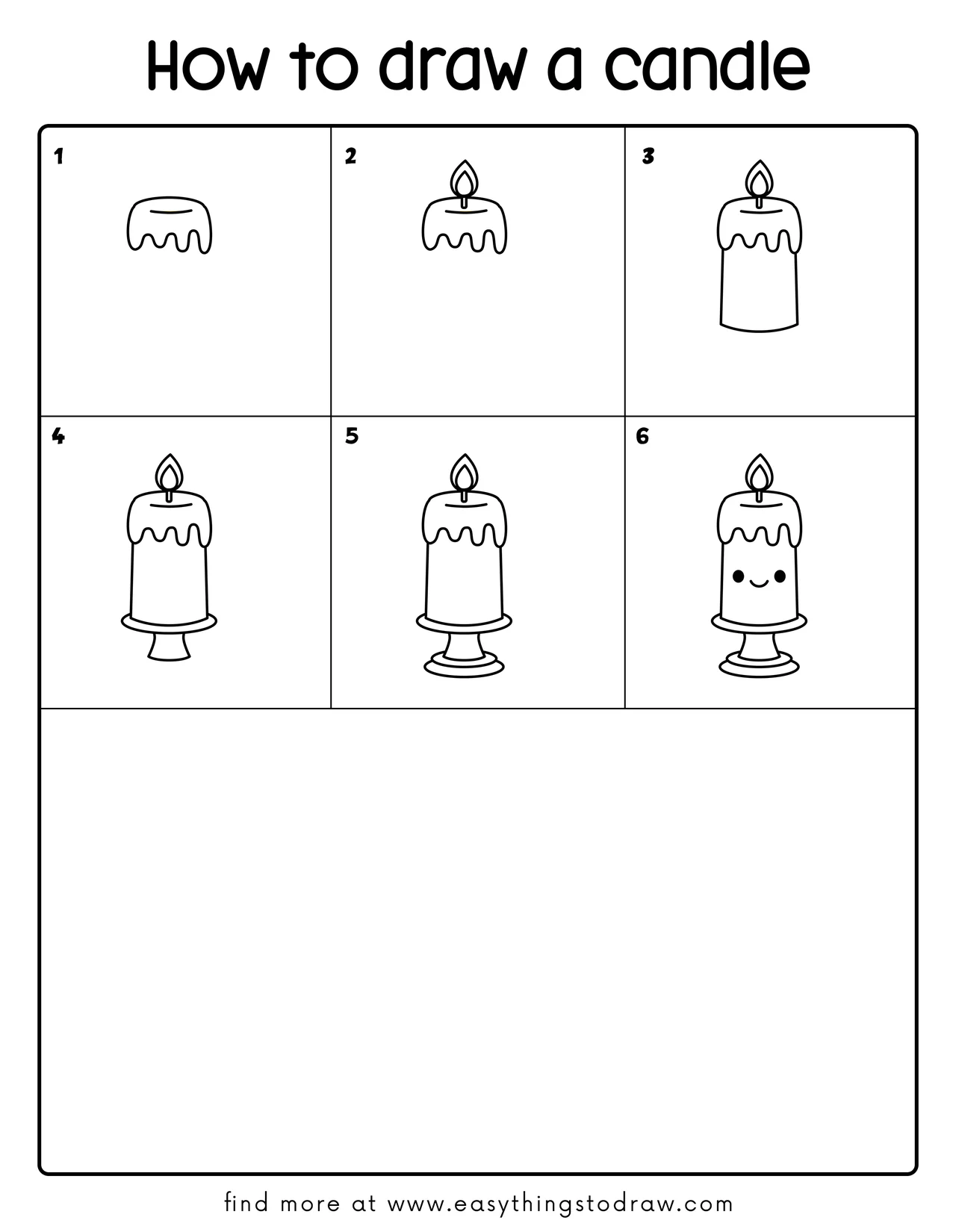 Step-by-step drawing tutorial showing how to draw a cute candle in 6 easy steps for kids and beginners.