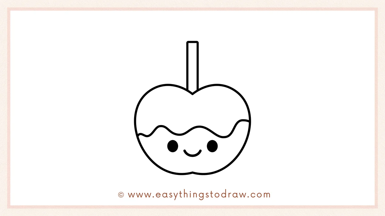 Step 6 of simple candy apple drawing tutorial – drawing round eyes and a smiling mouth for a happy candy apple face.