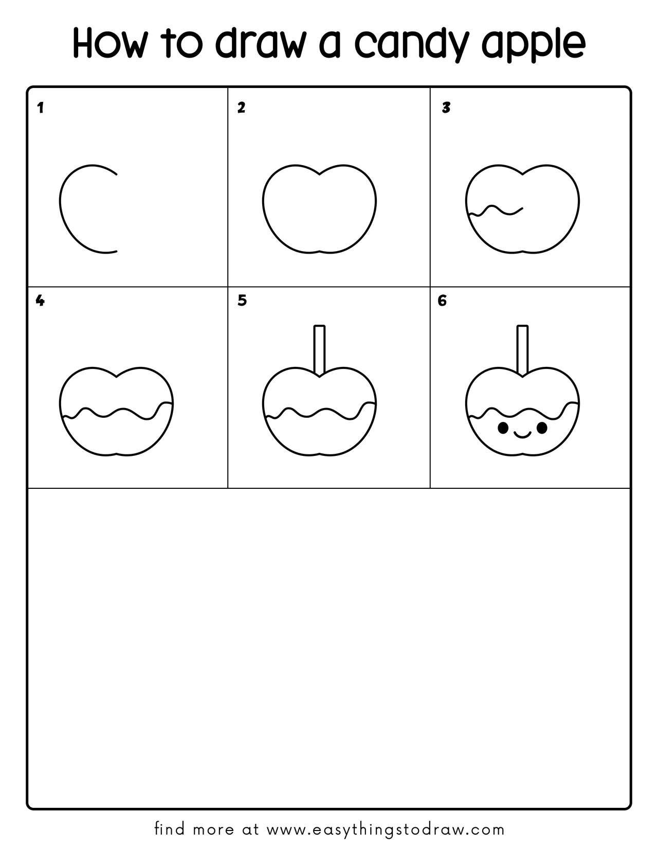 Step-by-step grid tutorial showing 6 easy steps to draw a cute candy apple, for kids and beginners.