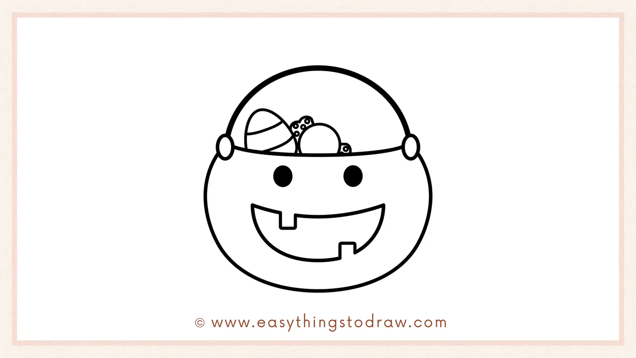 Step 2 of drawing a candy bucket – outlining the main round body of the bucket below the handle.