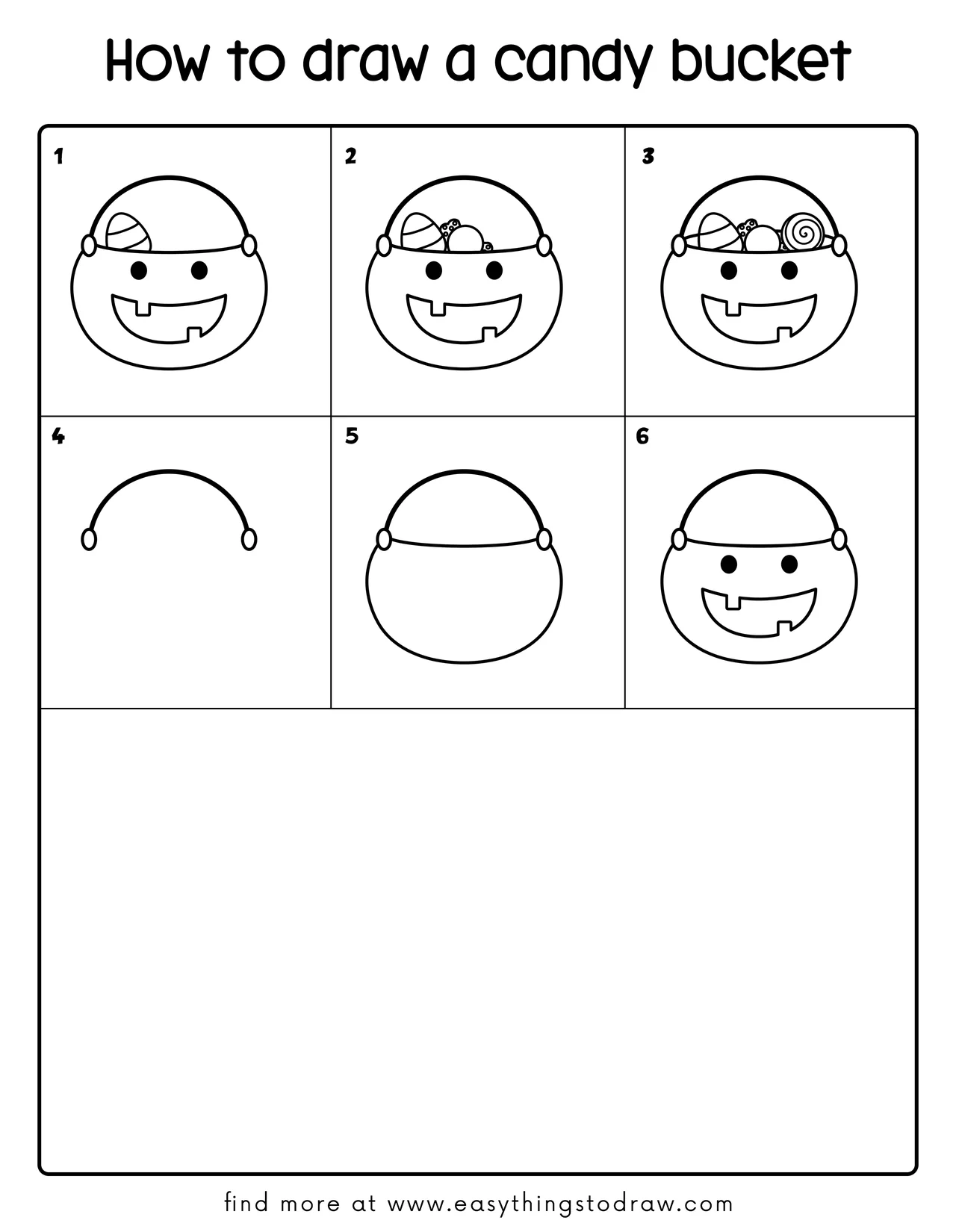 Step-by-step drawing tutorial showing how to draw a cute cartoon candy bucket in 6 easy steps for kids and beginners.