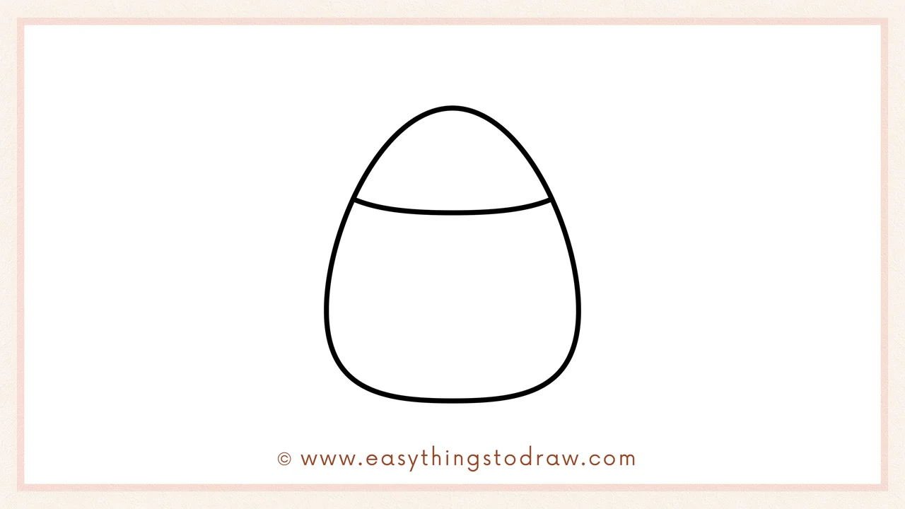 Step 4 of step-by-step candy corn sketch – drawing a curved line inside near the top for the white tip stripe.