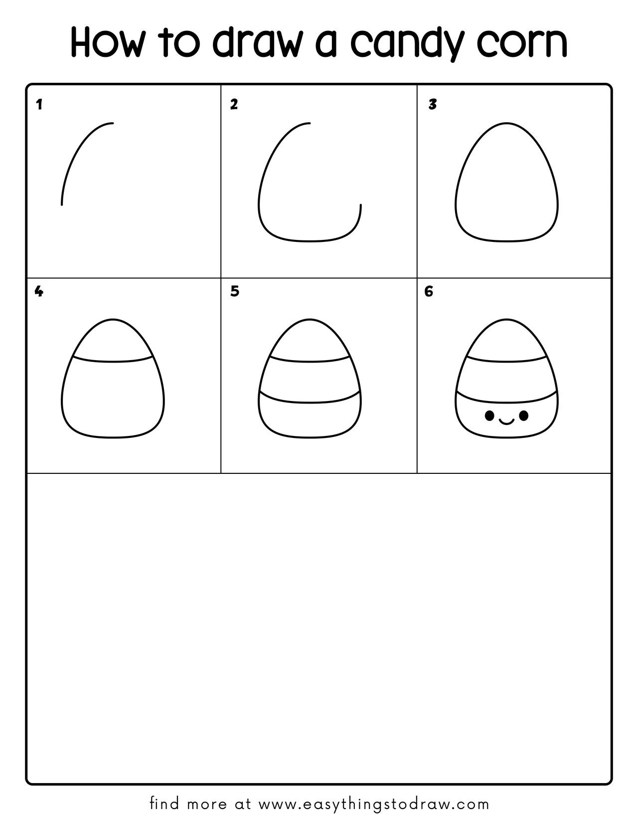 Step-by-step drawing tutorial grid showing 6 easy steps to draw a cute cartoon candy corn for kids and beginners.