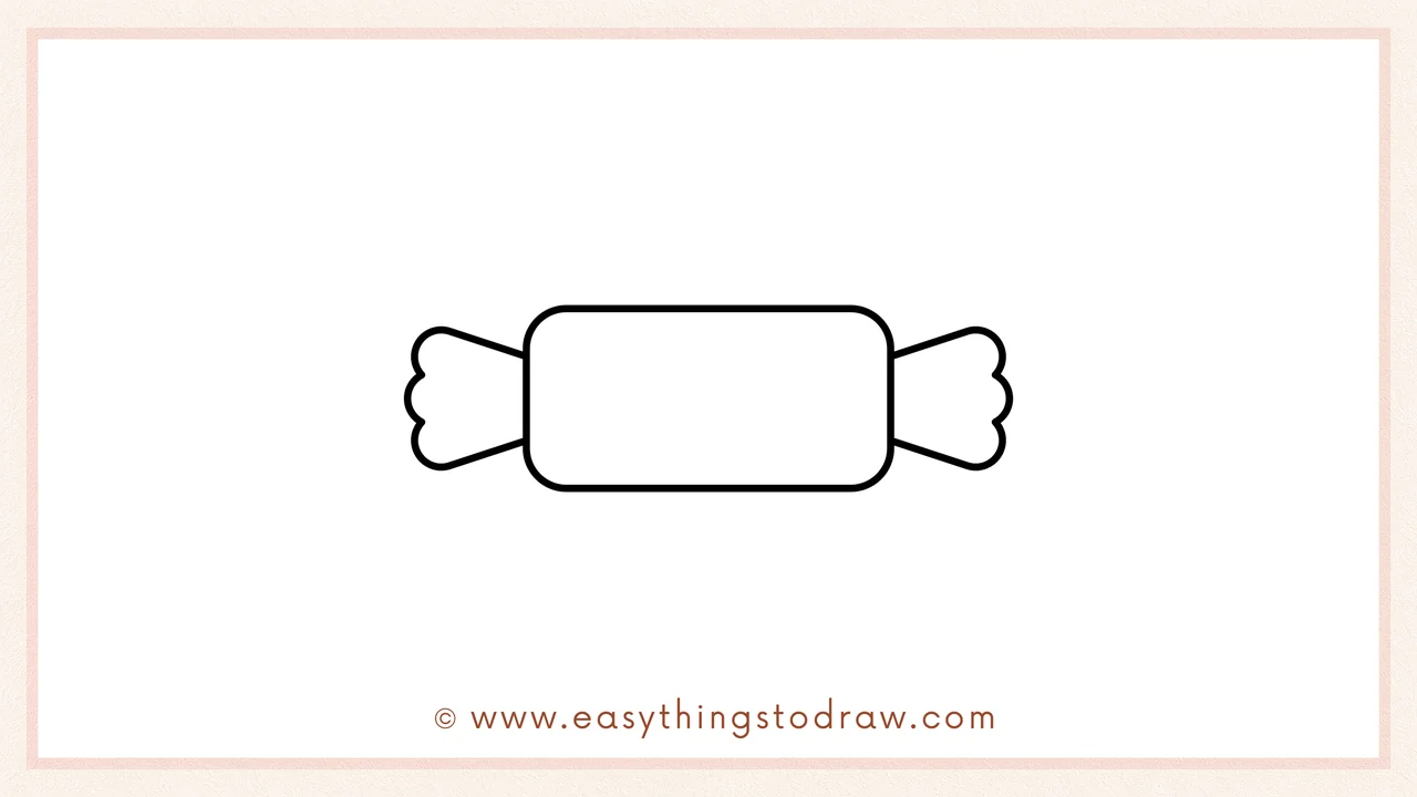 Step 1 of how to draw a candy – Begin forming the candy body by drawing two curved corners and two straight edges for a long rectangle.
