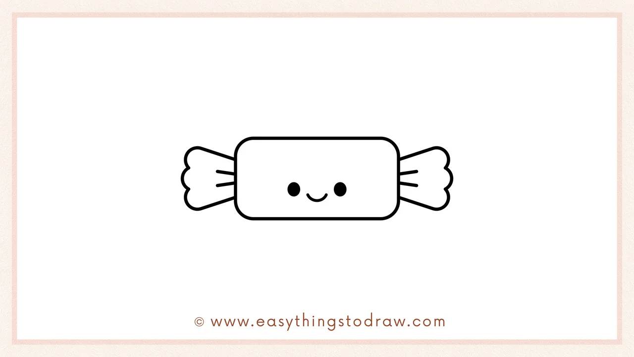 Step 3 of sketching a candy for beginners – Add one wrapper end on the left by drawing a short cone shape with wavy, scalloped lines.