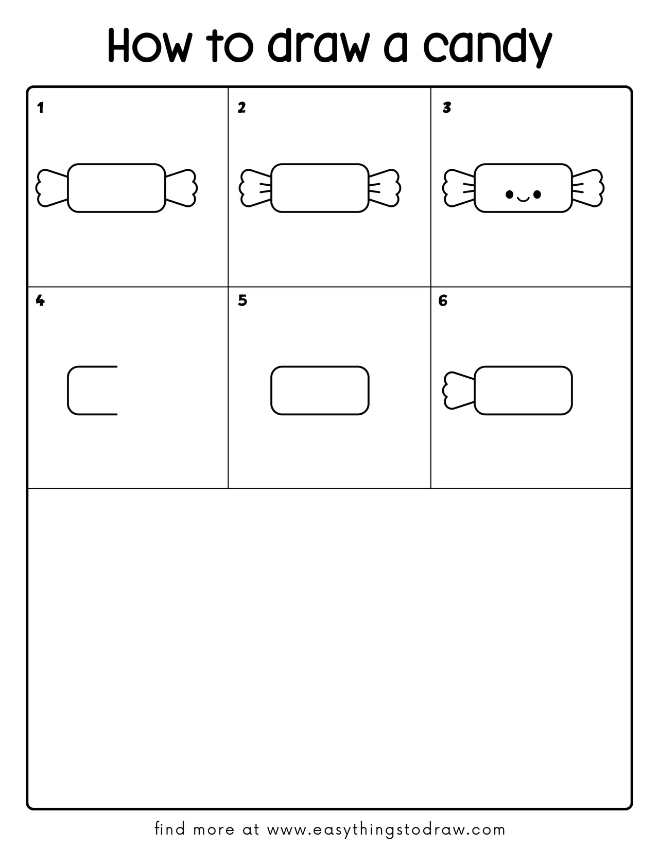 Step-by-step drawing tutorial grid showing 6 easy steps to draw a cute cartoon candy for kids and beginners.