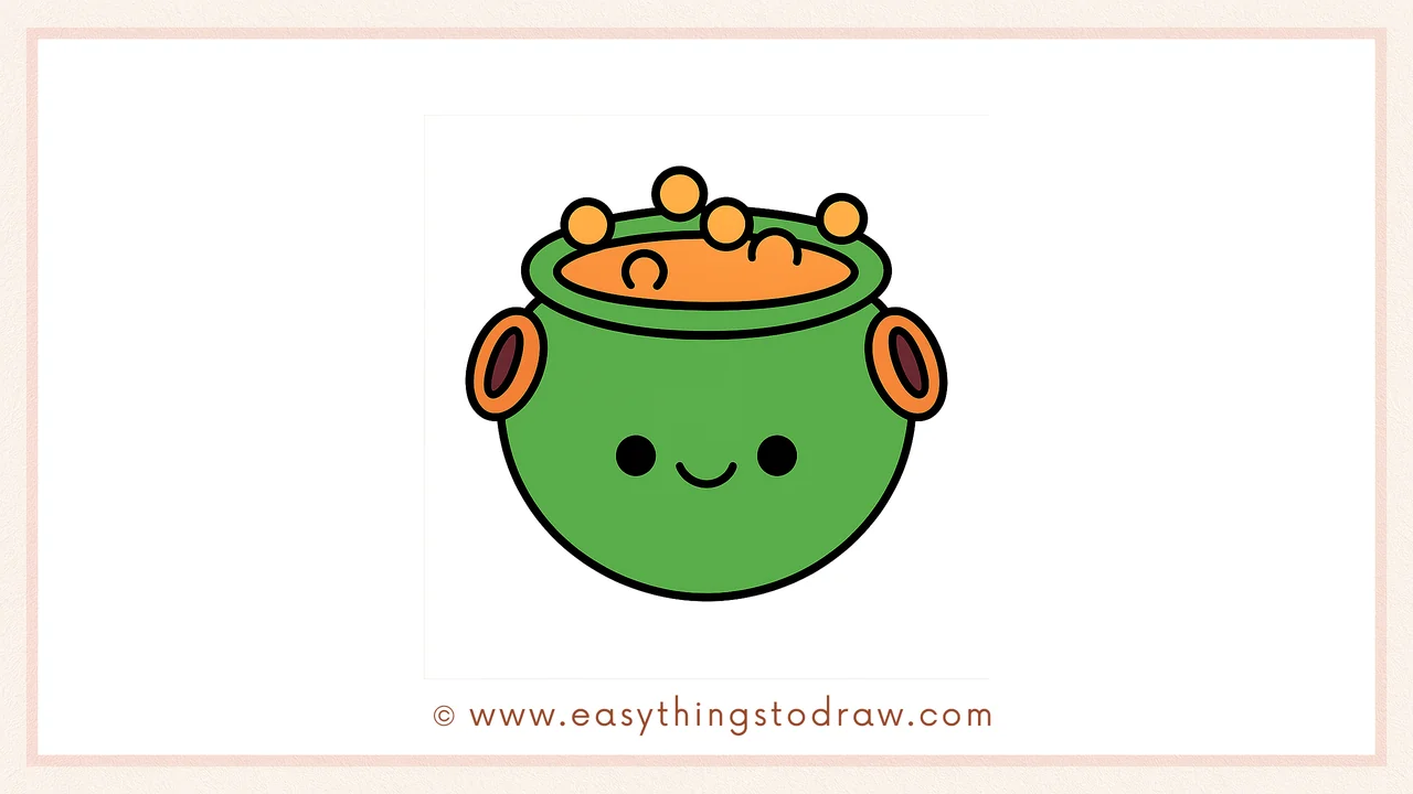 Final colored drawing of a cute cartoon cauldron, smiling and bubbling, perfect for Halloween art for kids.