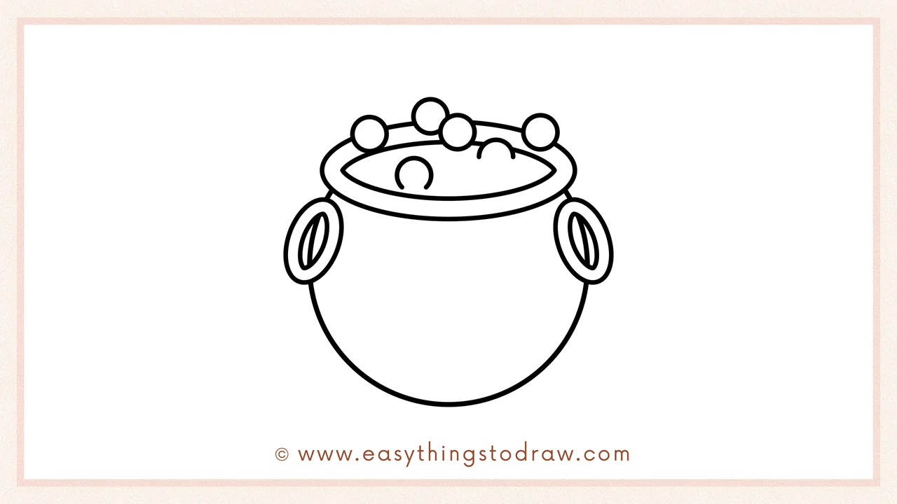 Step 5 of easy cauldron drawing steps – Connecting the handles with a big U-shape to form the cauldron's round belly.
