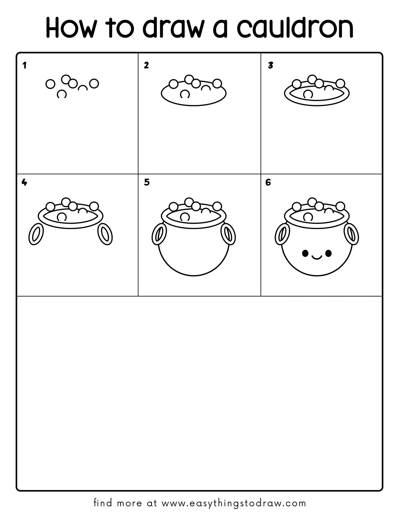 Step-by-step drawing tutorial showing how to draw a cute cauldron in 6 steps for kids and beginners.