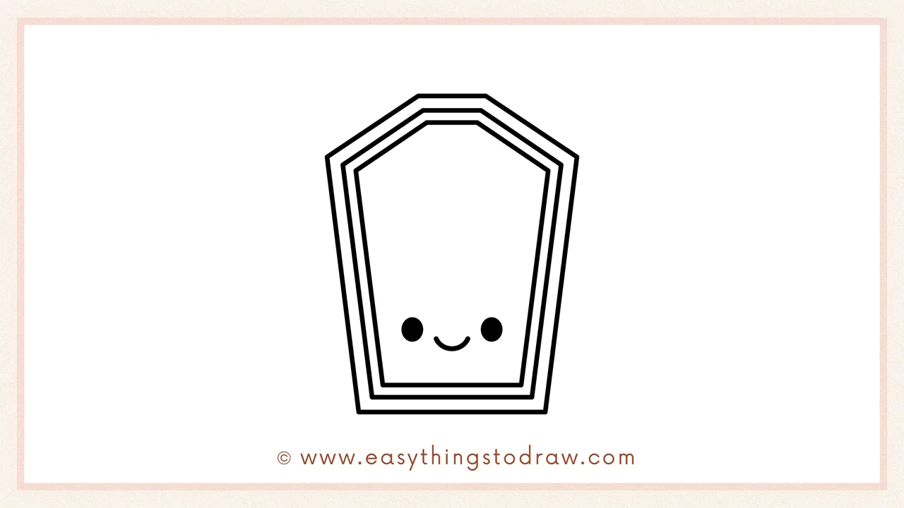 Step 6 of simple coffin drawing tutorial – Drawing two round eyes and a smiling mouth in the center to give the coffin a cute, friendly look.