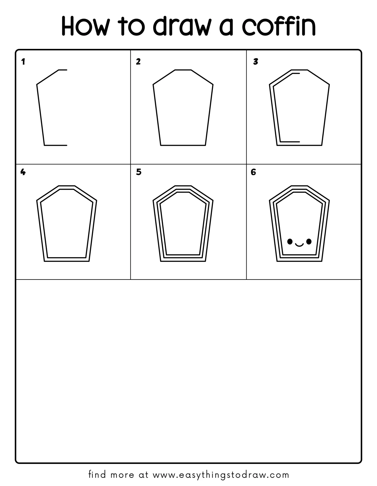 Step-by-step drawing tutorial showing how to draw a cute cartoon coffin in 6 easy steps, perfect for kids and beginners learning Halloween art.