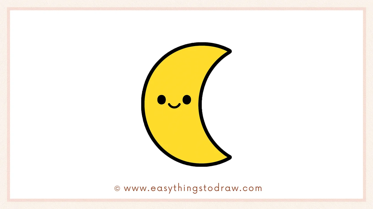 Final colored drawing of a cute cartoon crescent moon with a happy face, perfect for kids and art projects.