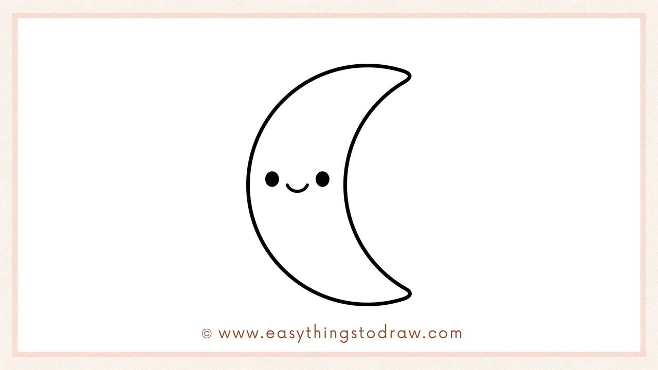 Step 6 of simple crescent moon drawing tutorial – Adding two dot eyes and a smiling mouth to the crescent moon.