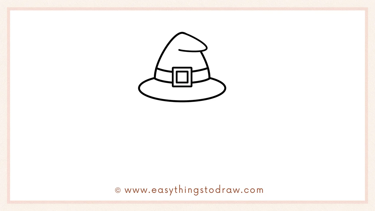 Step 2 of drawing a cute halloween cat – adding an oval brim and a square buckle to the witch hat.