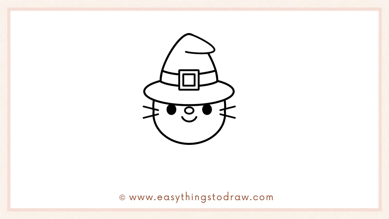 Step 3 of sketching a cute halloween cat for beginners – drawing the cat's circular head and adding eyes, nose, mouth, and whiskers.