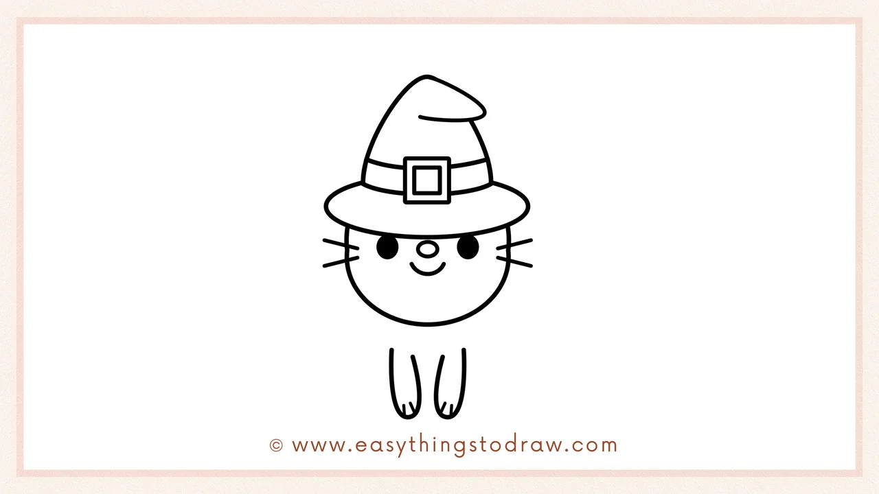 Step 4 of step-by-step cute halloween cat sketch – drawing two oval front legs with small lines for toes beneath the head.