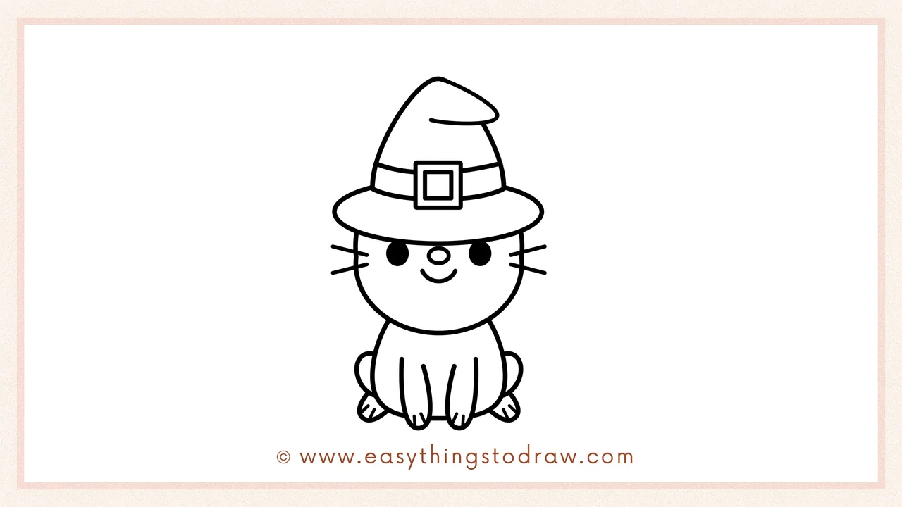 Step 5 of easy cute halloween cat drawing steps – adding the cat's round body and two bump shapes for its back legs.
