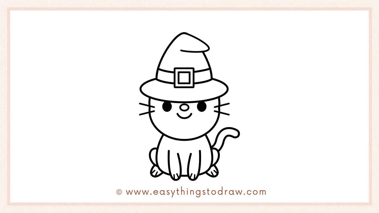 Step 6 of simple cute halloween cat drawing tutorial – completing the drawing by drawing a long, curved tail behind the cat.