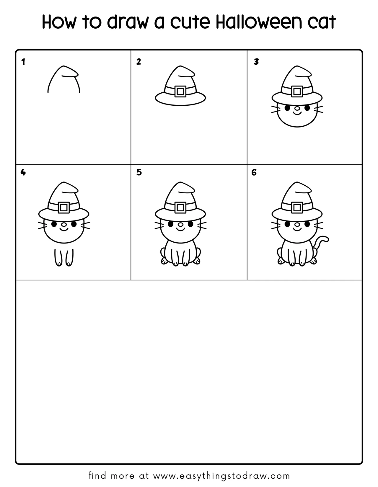 Step-by-step grid tutorial to draw a cute Halloween cat in 6 easy steps, perfect for kids and beginners.
