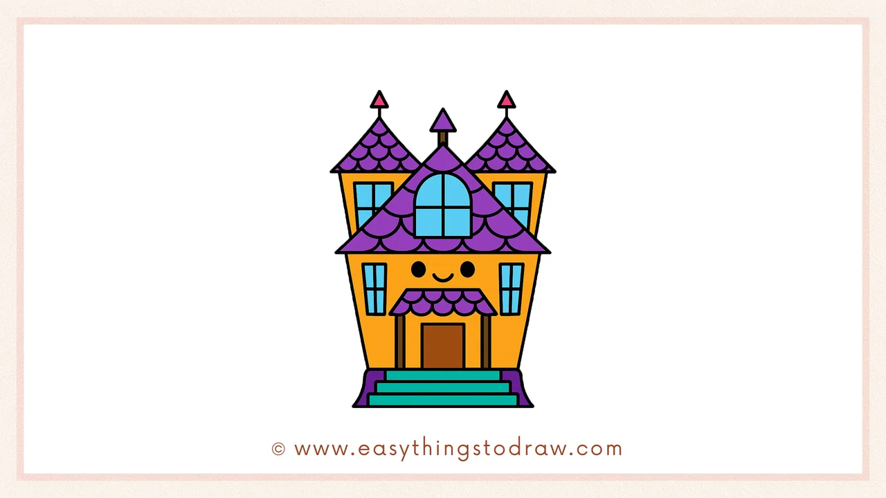 Final colored drawing of a cute cartoon haunted house with purple walls, glowing yellow windows, and a friendly smile.