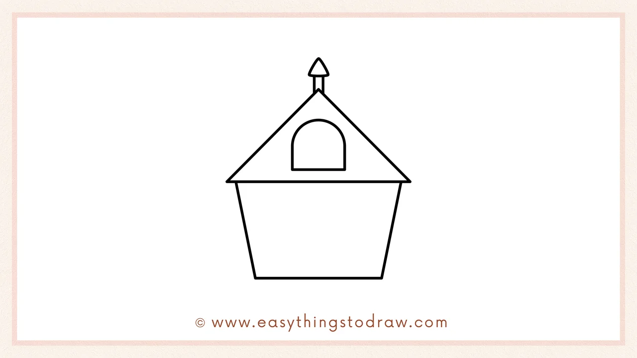 Step 1 of how to draw a cute haunted house – Sketching a wide triangle roof, flared trapezoid body, rounded window, and chimney.