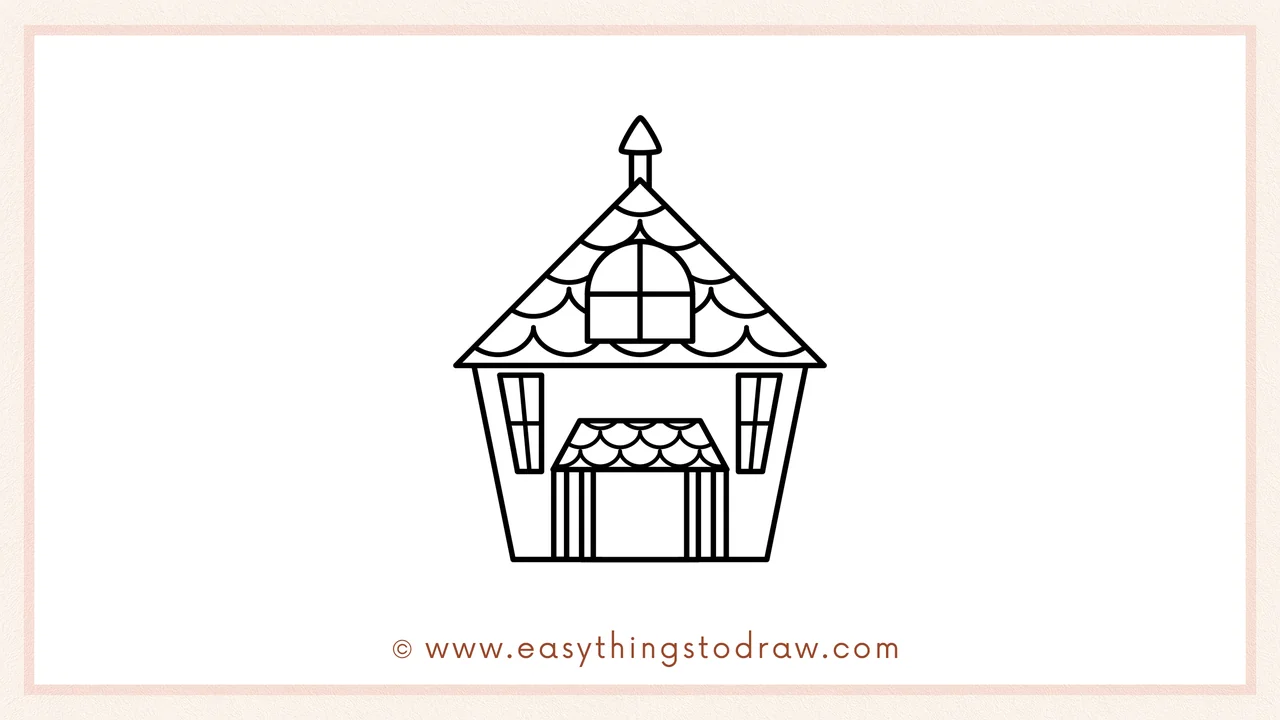 Step 2 of drawing a cute haunted house – Adding a scallop pattern to the roof, a front porch with striped awning, and side windows.