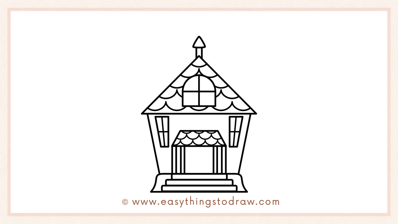 Step 3 of sketching a cute haunted house for beginners – Drawing layered steps below the door and a base for the house.